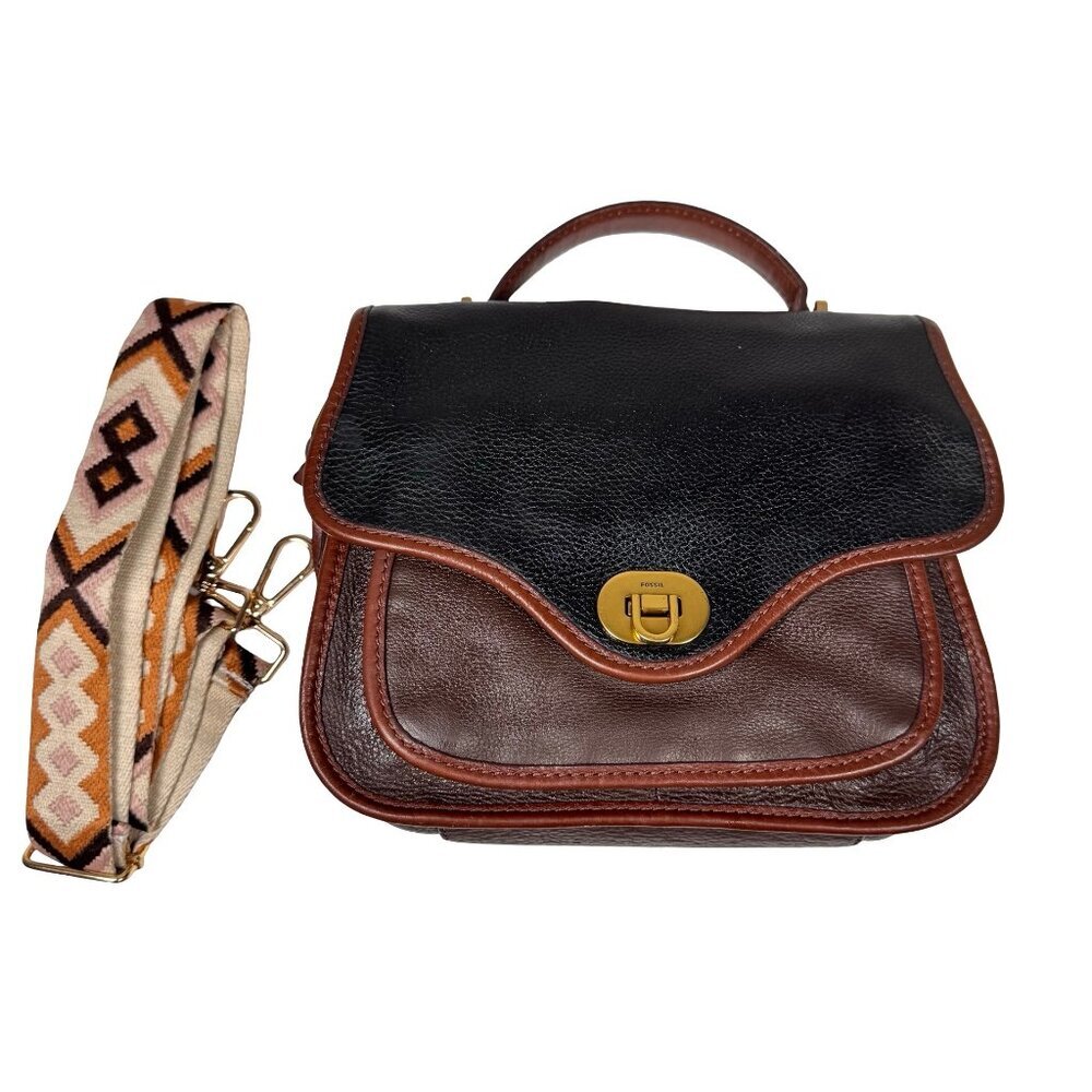 Fossil Heritage Crossbody Bag Top Handle Black Brown Leather Preppy - Picture 2 of 16
